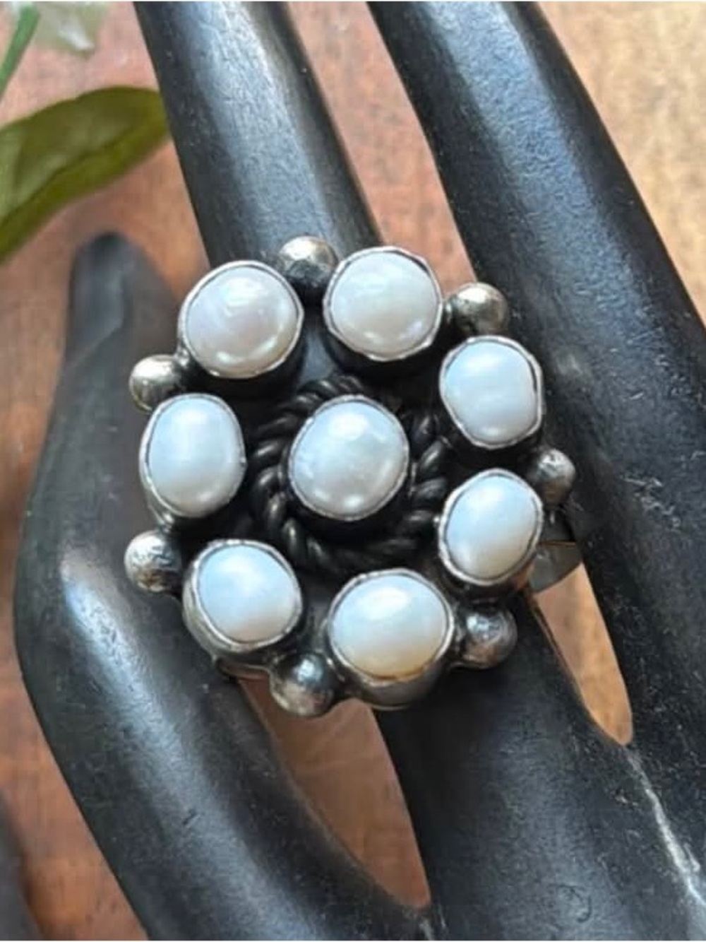 Navajo Sterling Silver Pearl Cluster Adjustable Ring KY Gift